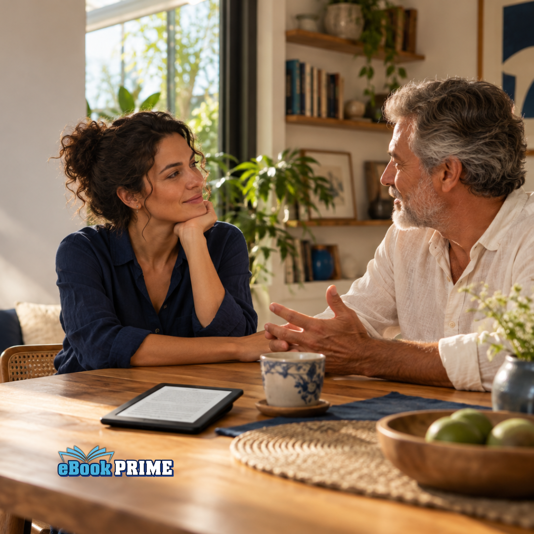 Duas pessoas conversam com atenção em casa, com um e-reader sobre a mesa