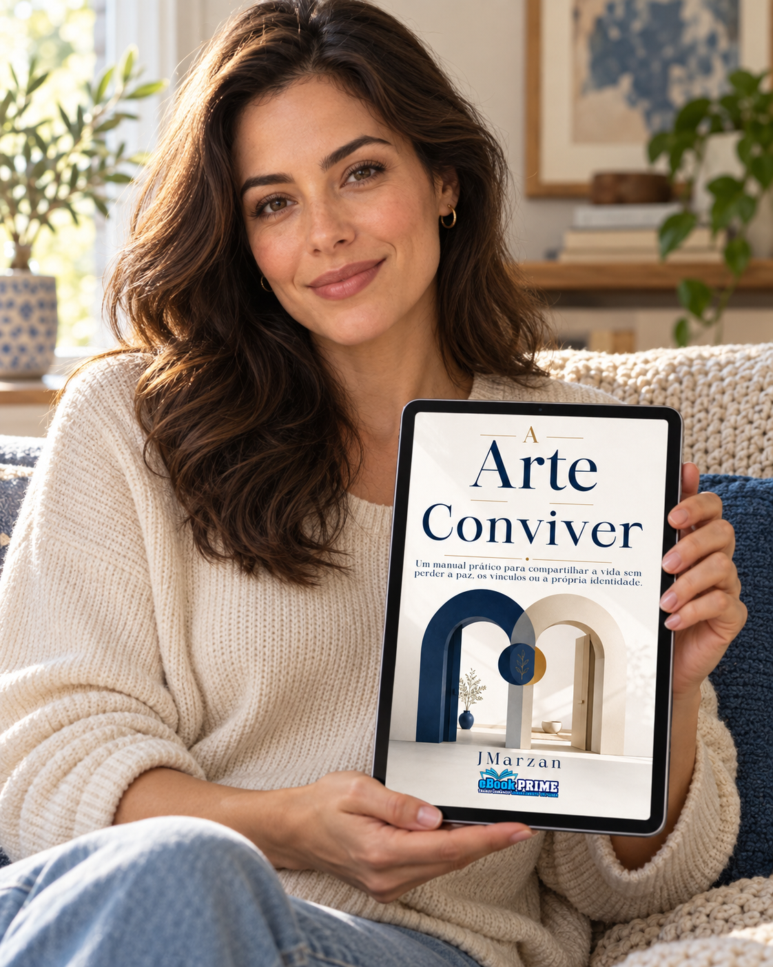 Mulher segurando um tablet com o eBook A Arte de Conviver